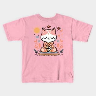 Zen Kitty in Floral Kimono Meditating Cat Kids T-Shirt